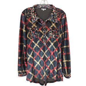 Paris Hues Womens Velvet‎ Blouse M Long Sleeve Button-Up Shirt Leopard Checkered